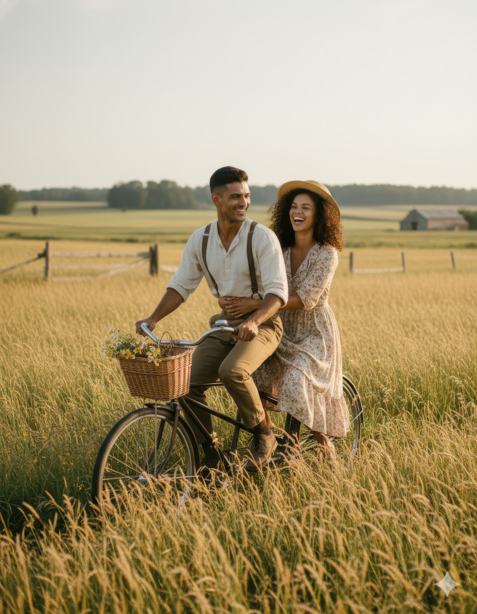 Romantic couple riding vintage bicycle through countryside fields