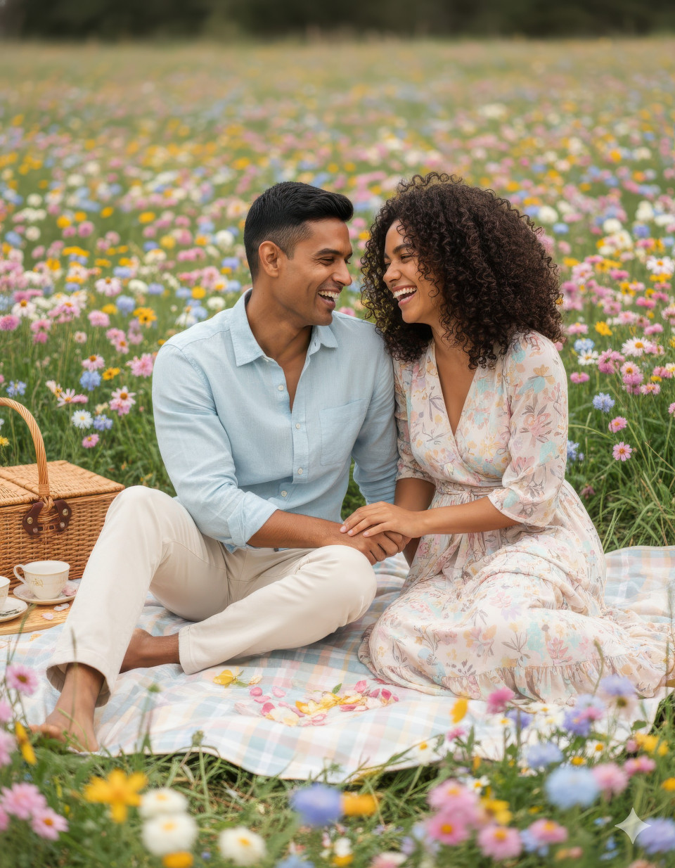 Joyful couple laughing together on picnic blanket in meadow