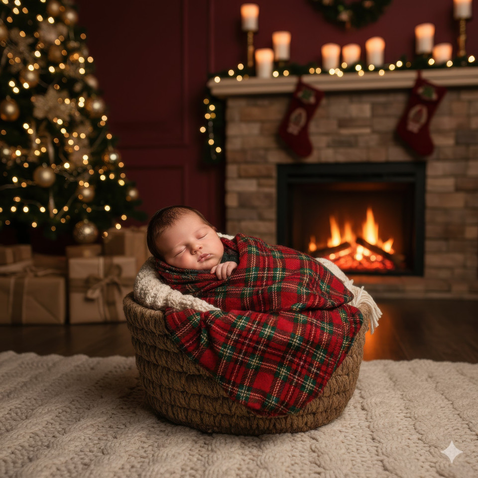 Newborn wrapped in plaid blanket near fireplace