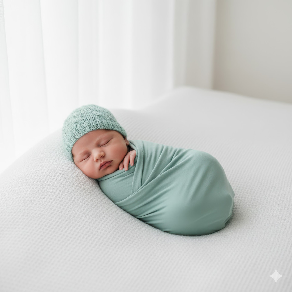 Newborn baby boy in mint swaddle with knitted hat