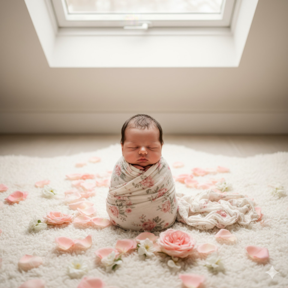Newborn wrapped in floral muslin surrounded by petals