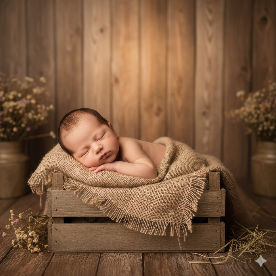 Newborn wrapped in burlap on wooden crate