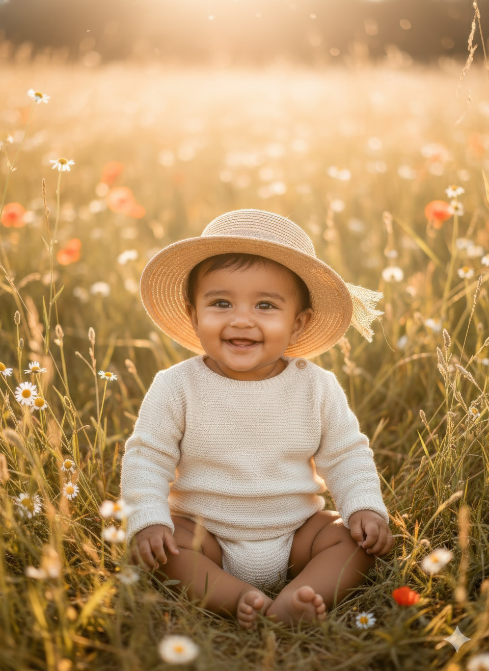 Baby with straw hat in golden meadow