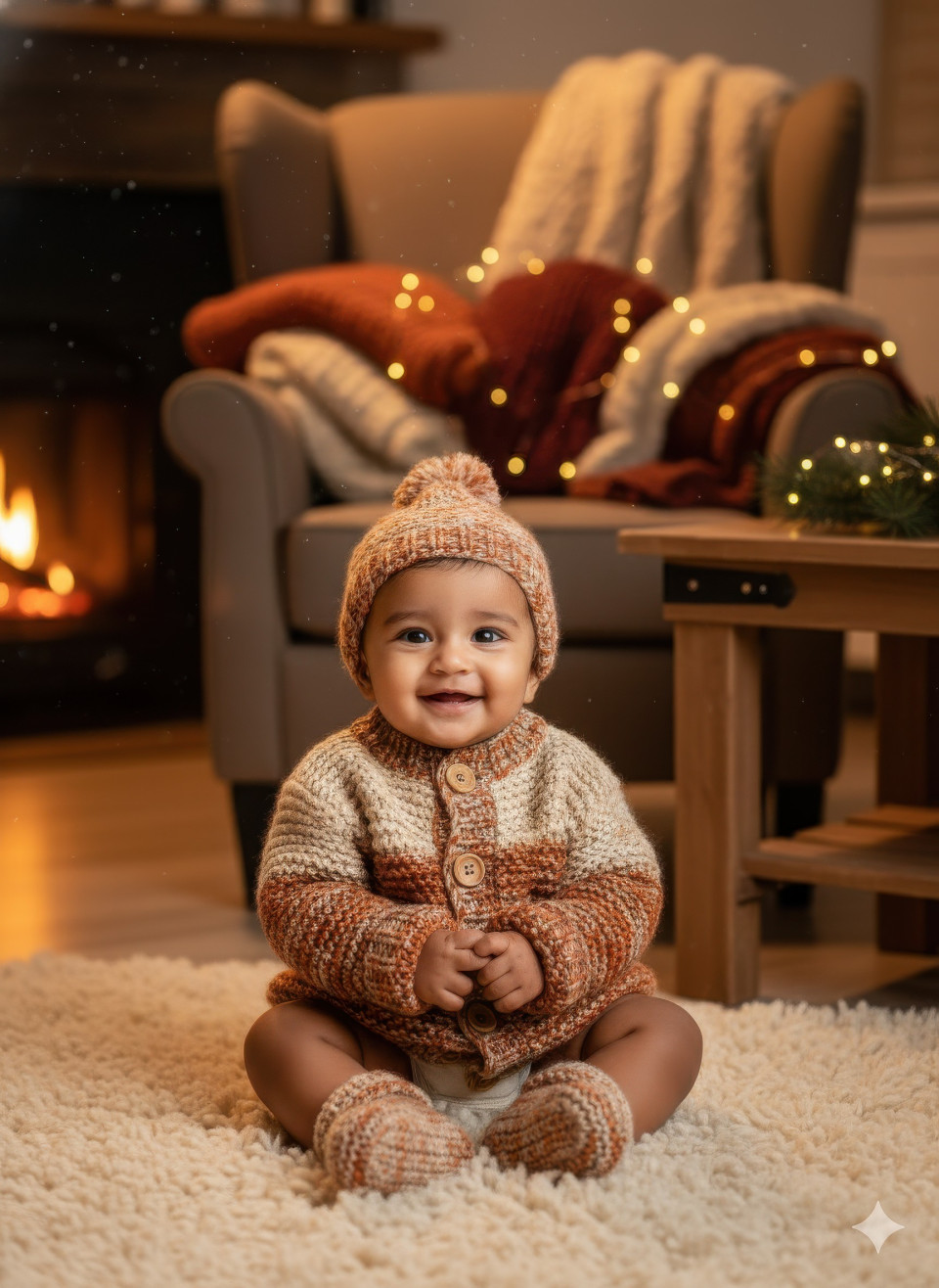 Baby in cozy winter indoor setup