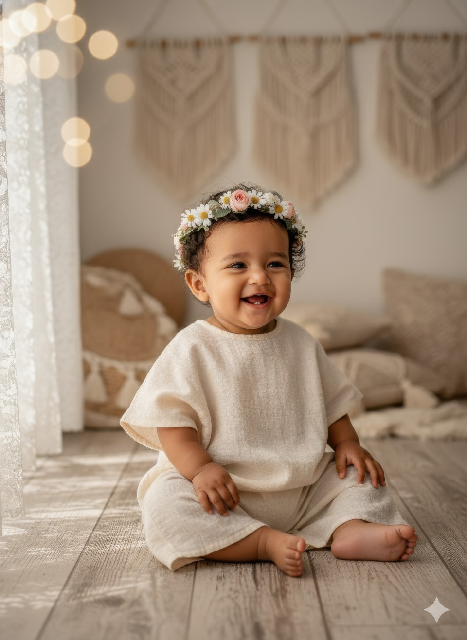 Baby with flower crown in rustic setup