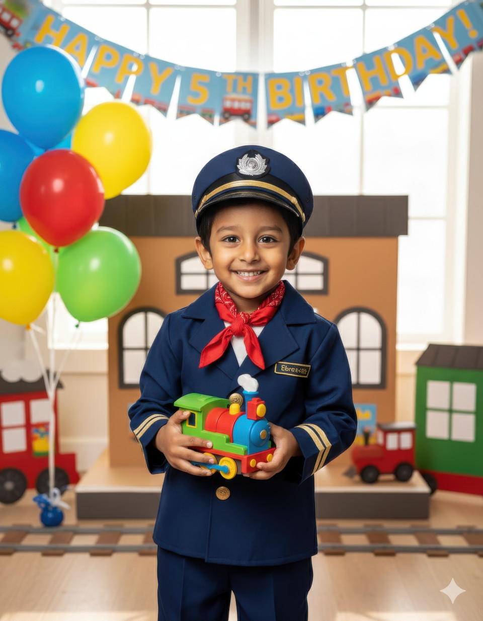 Boy dressed as train conductor at birthday party