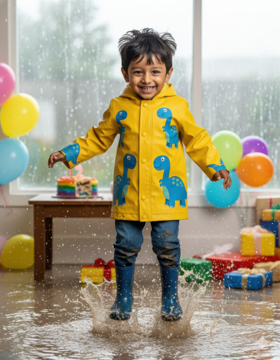 Boy jumping in puddles during birthday photoshoot