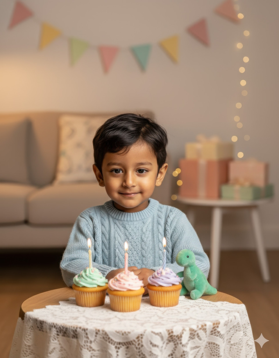 Shy boy at cozy birthday table with cupcakes