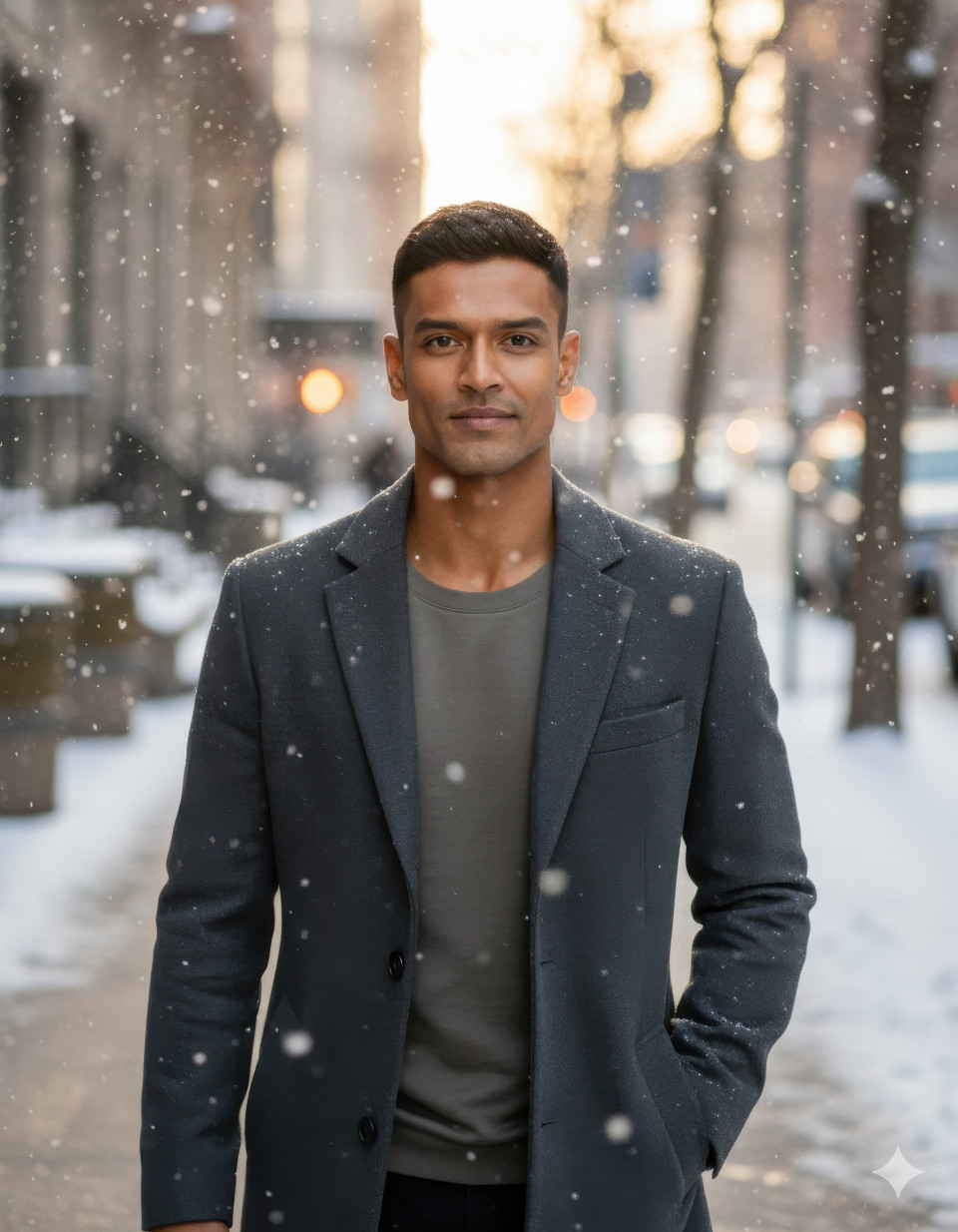 Man in charcoal coat walking through snowy city sidewalk at golden hour