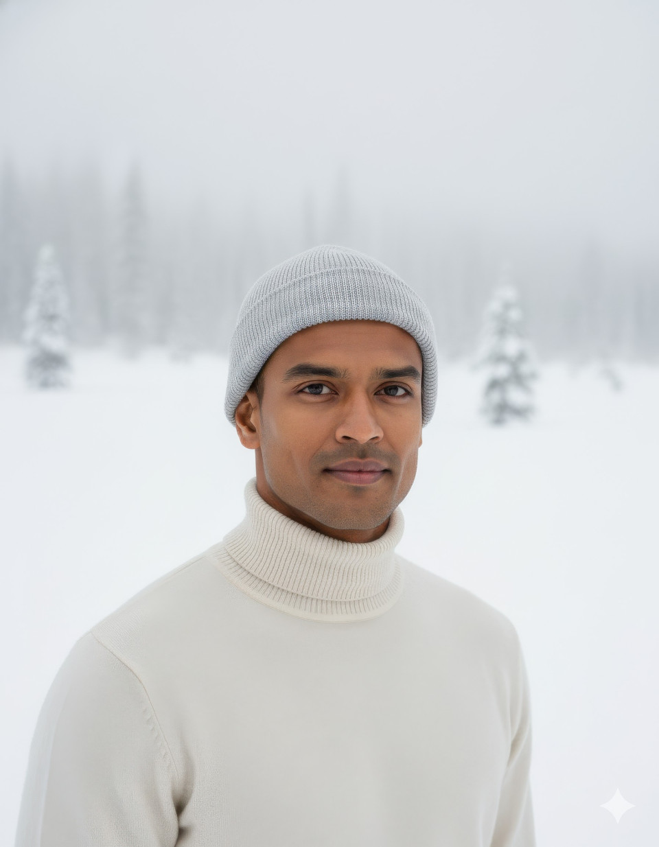 Close-up portrait of man in knit cap and turtleneck in open snowy meadow
