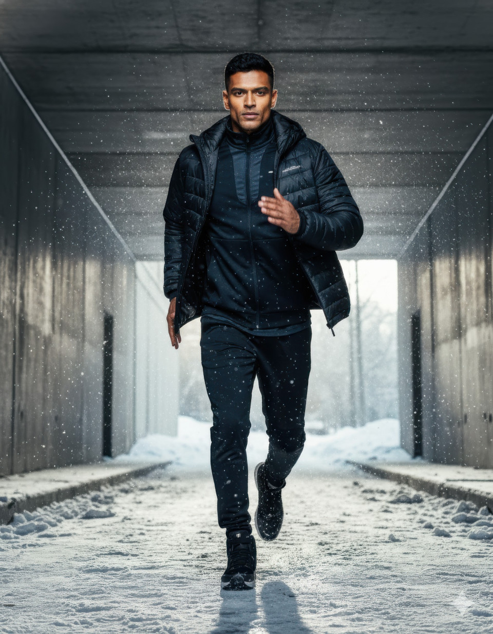 Athlete running through snowy urban underpass in winter sunlight