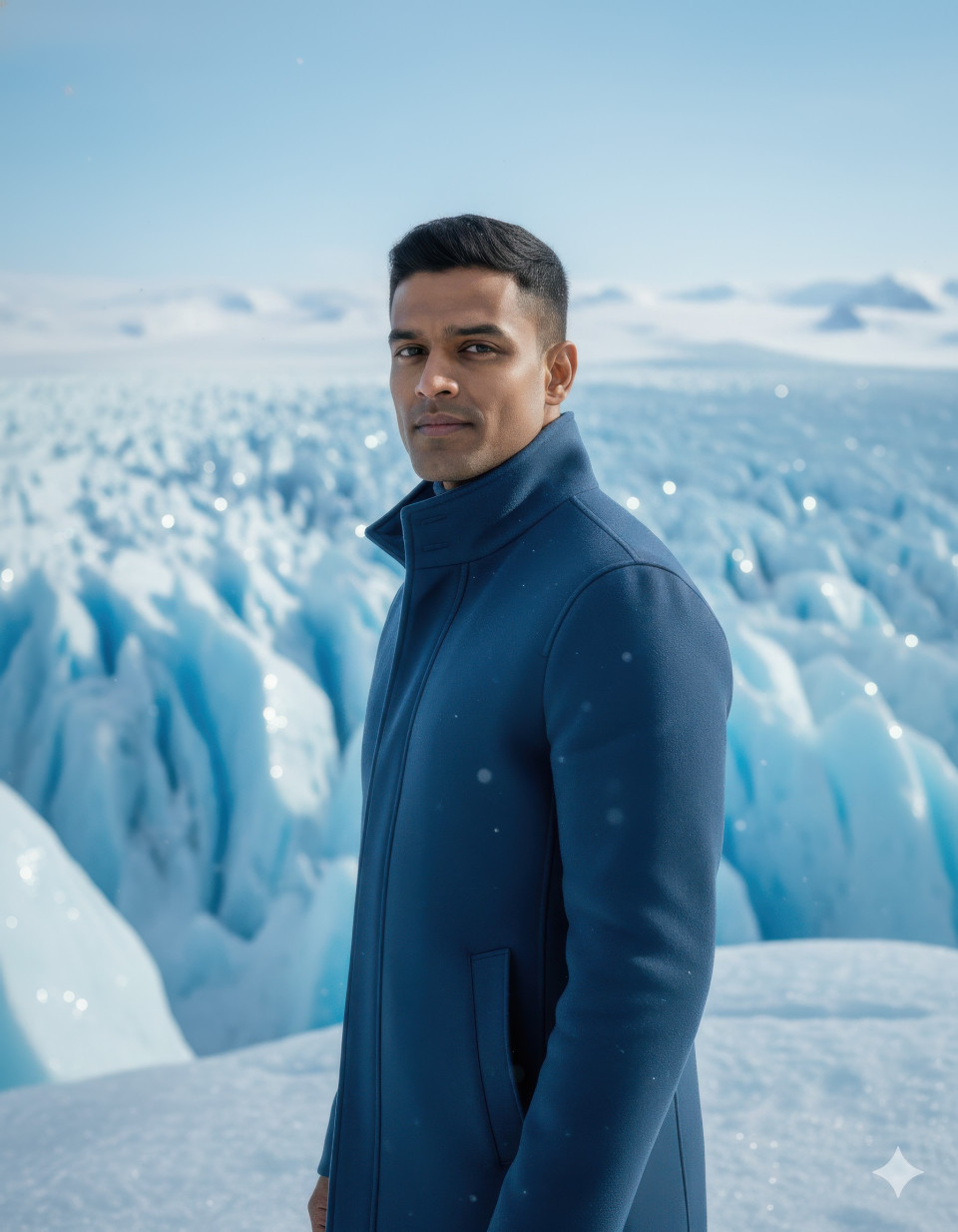 Man in high-collar coat standing on glacier overlook in winter landscape