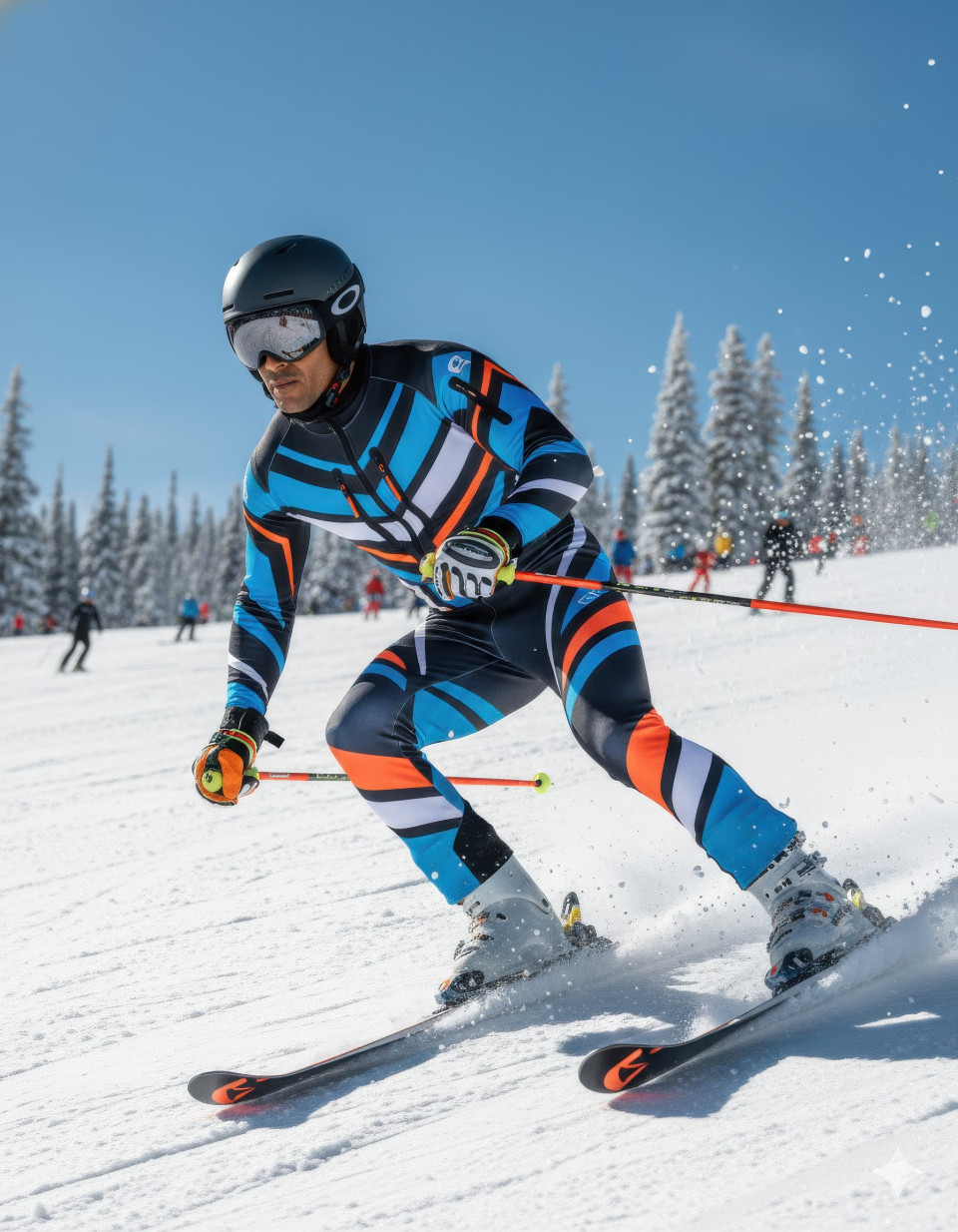 Skier in aerodynamic suit racing downhill on bright snowy ski slope