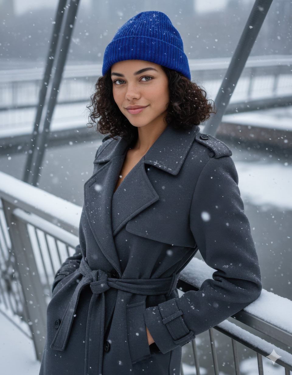 Confident woman in cobalt cap leaning on snowy urban bridge