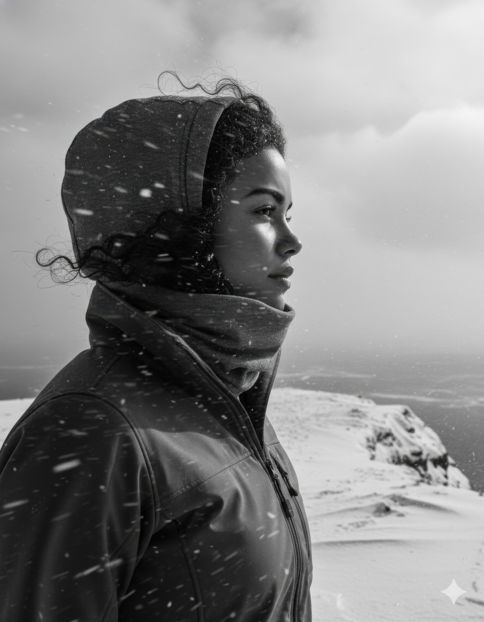 Woman in hood-scarf looking over snowy cliff in dramatic low-angle portrait