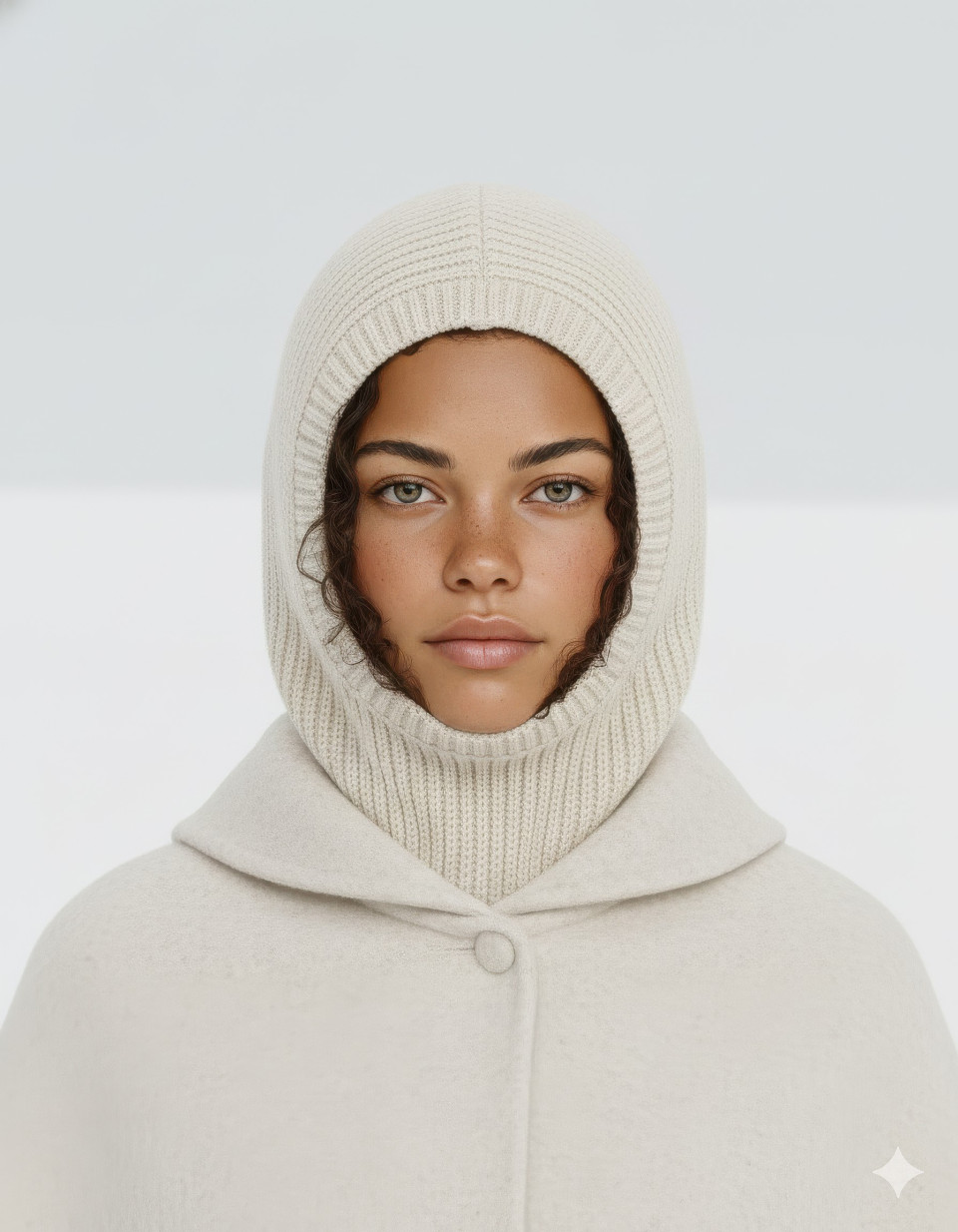 Woman in cream knitted balaclava standing still in minimal snowy field