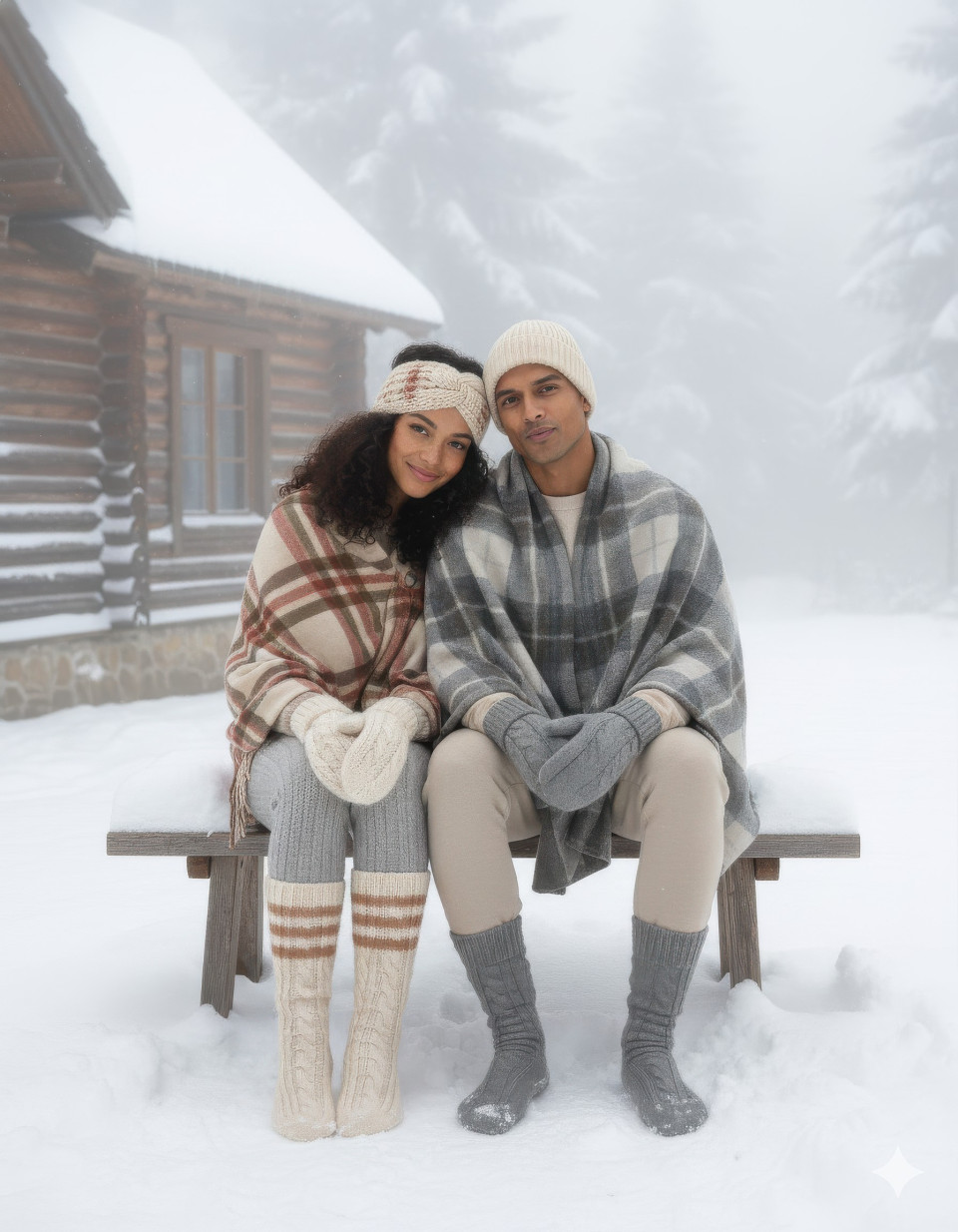 Cozy couple cuddled up outside snowy cabin in hygge winter loungewear