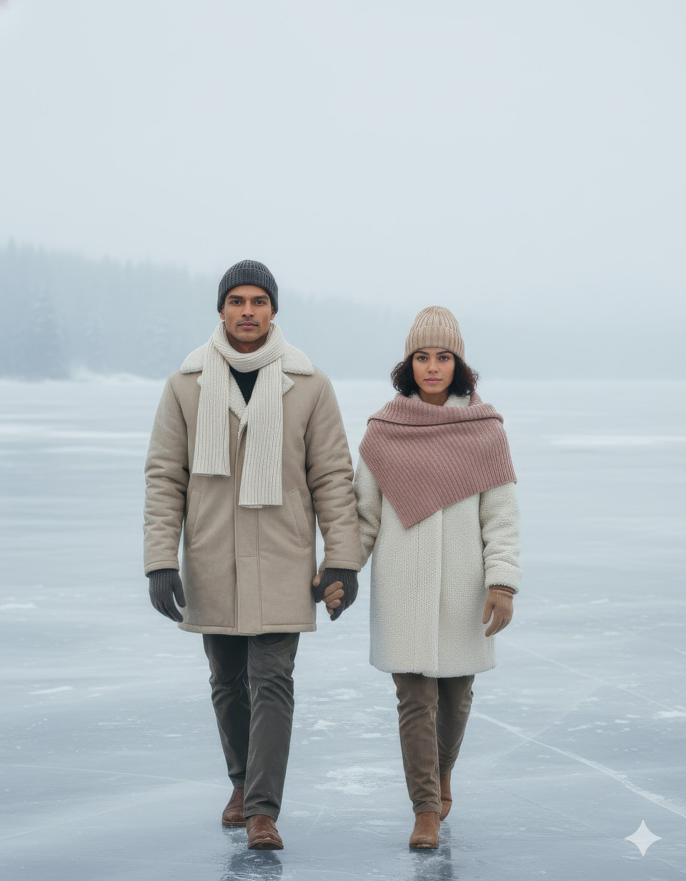 Artistic couple walking side by side on frozen lake in minimalist winter attire