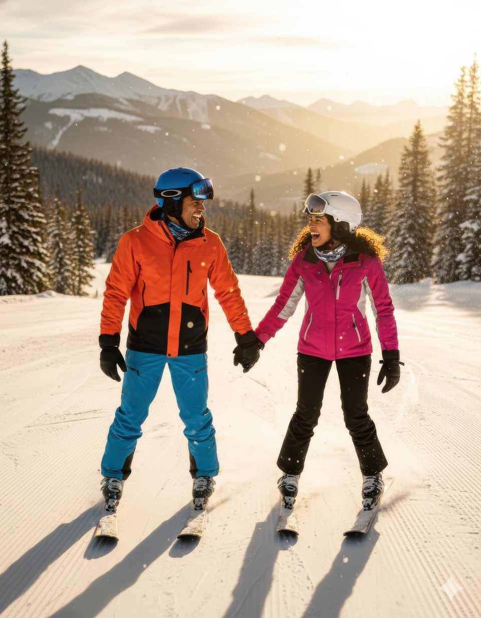 Ski couple holding hands gliding downhill at glowing golden hour