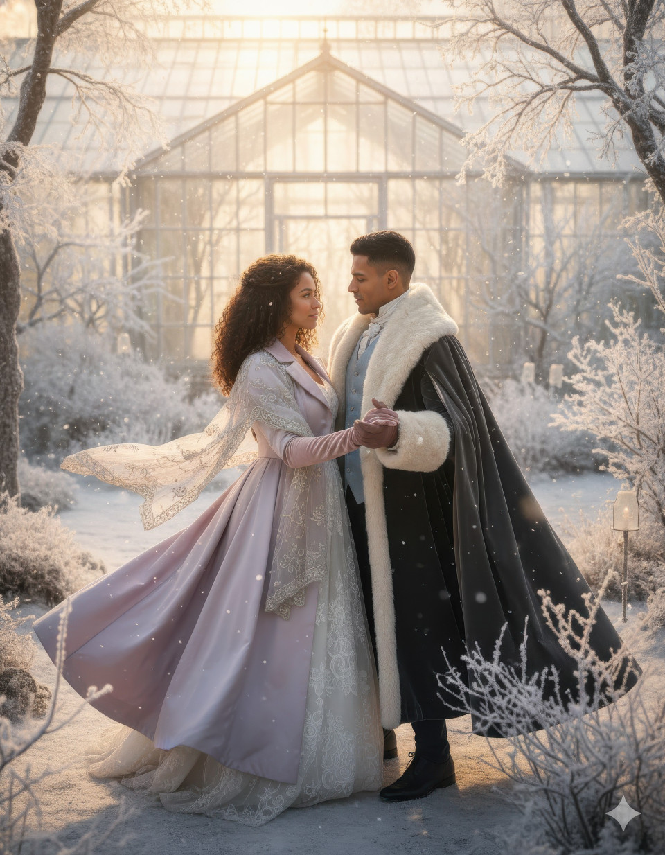 Elegant couple slow dancing in frosted botanical garden during golden hour