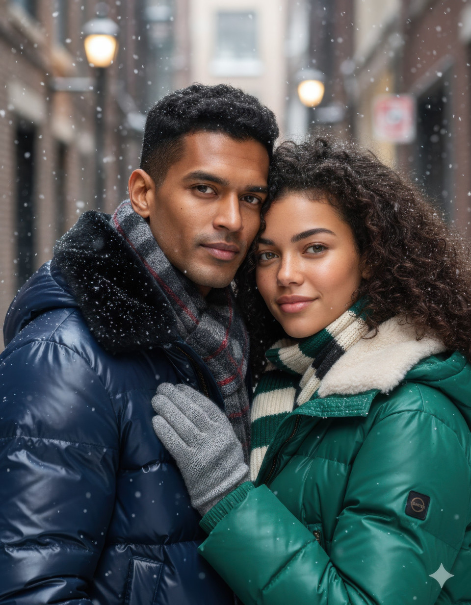 Stylish urban couple cheek to cheek in snow-dusted alley