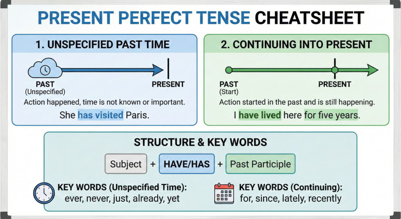Google gemini prompt for present perfect tense grammar cheatsheet