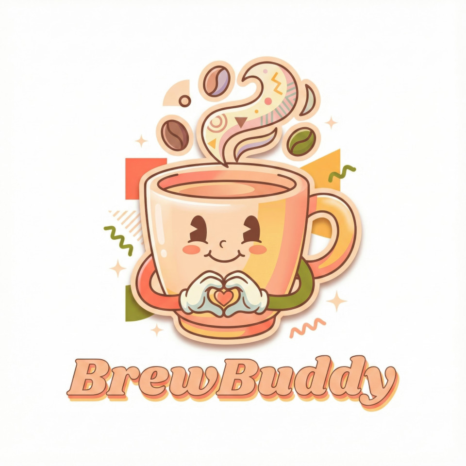 Coffee cup mascot logo with steam swirls in warm cartoon style