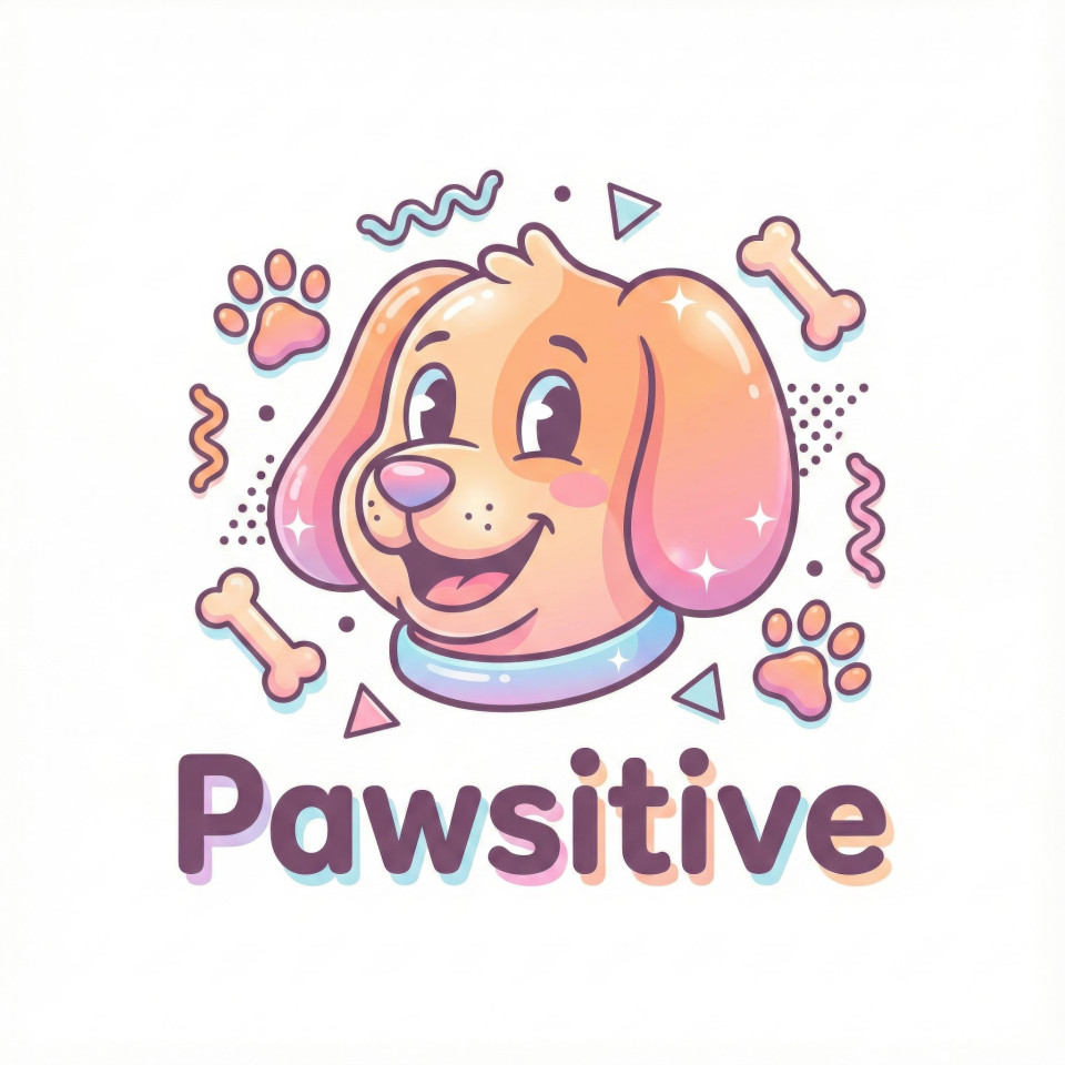Friendly dog mascot logo with paws and bones in pastel cartoon style