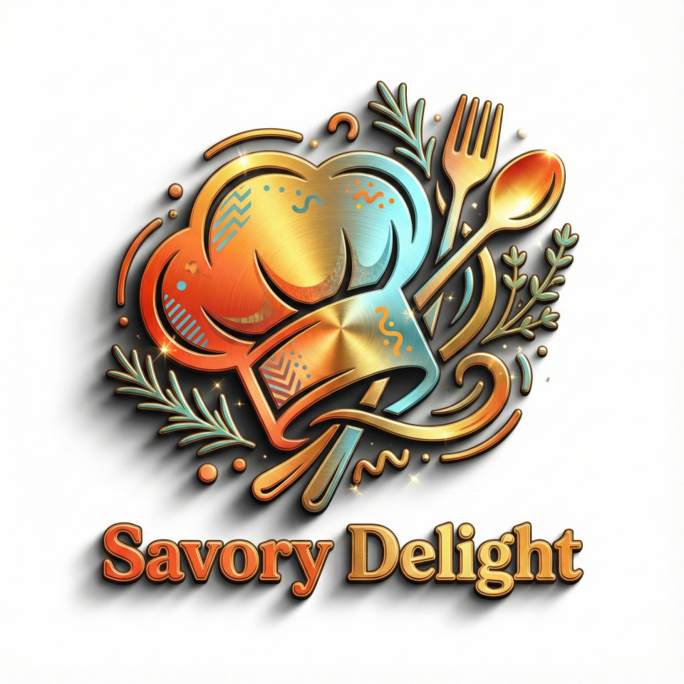 Chef hat emblem logo with utensils in vibrant retro 3d style