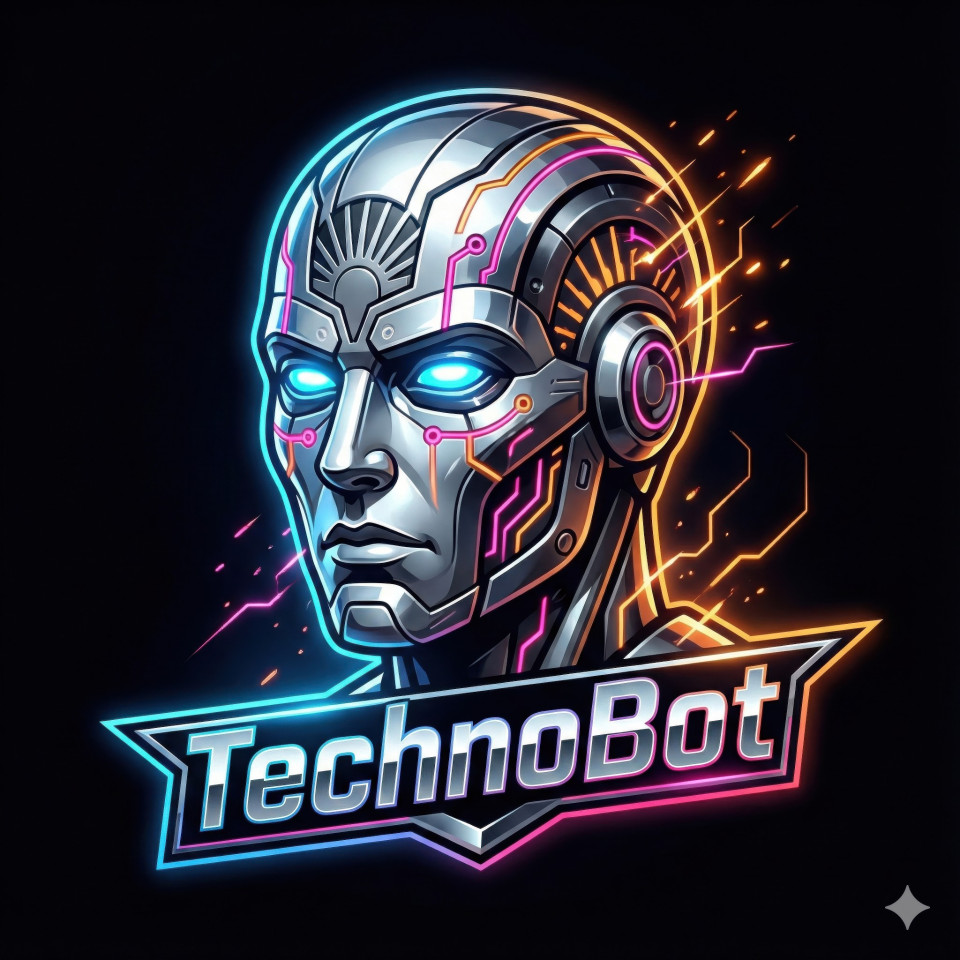 Cyborg head mascot logo with circuit sparks in chrome 3d