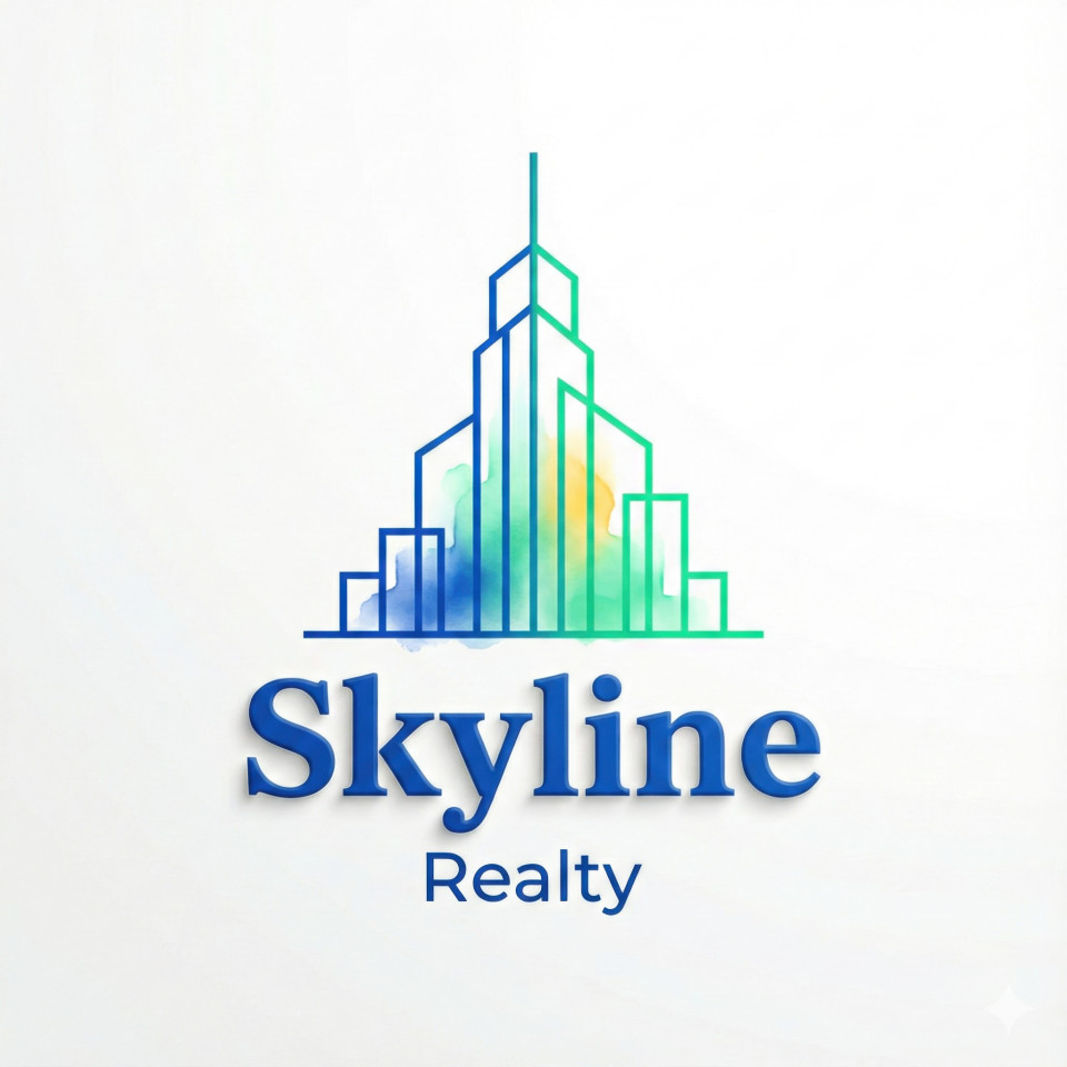 Minimalist skyscraper wordmark logo with city skyline accents