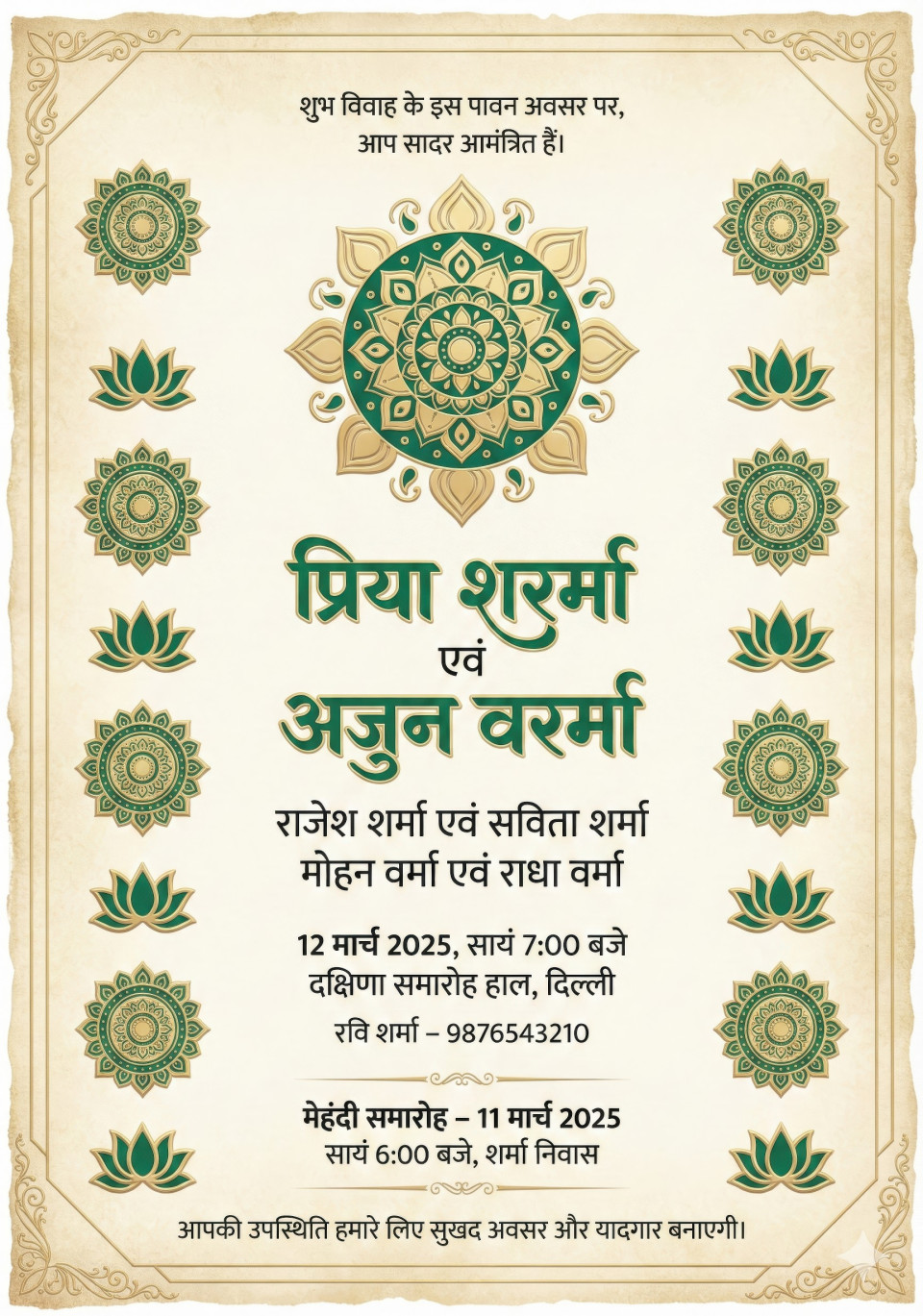 Ivory and emerald modern hindu wedding invitation with gold geometry