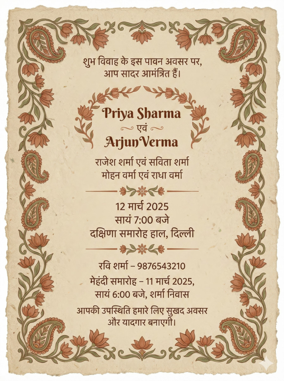 Terracotta and olive rustic hindu wedding invitation with handmade texture