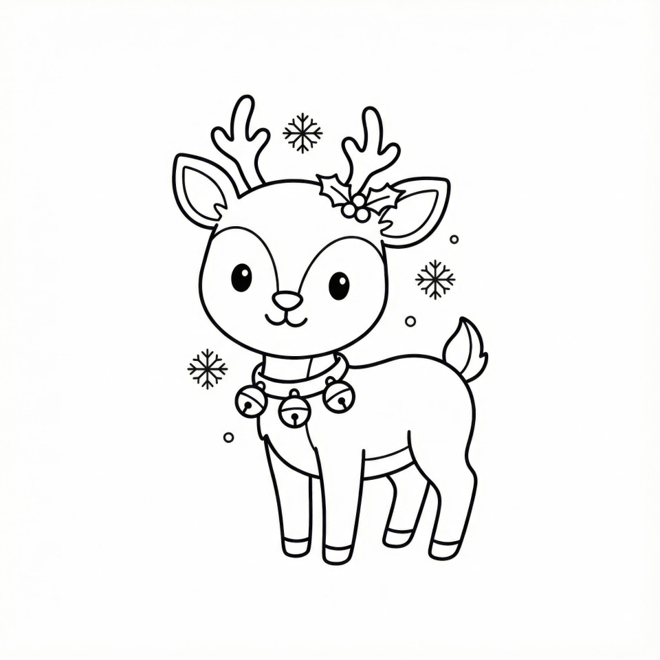 Cute baby reindeer with bells in childlike line-art doodle style google gemini prompt