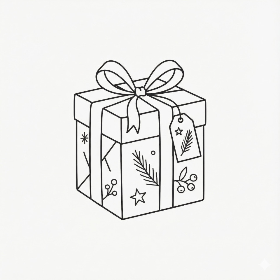 Wrapped gift box with ribbon in geometric line-art doodle google gemini prompt