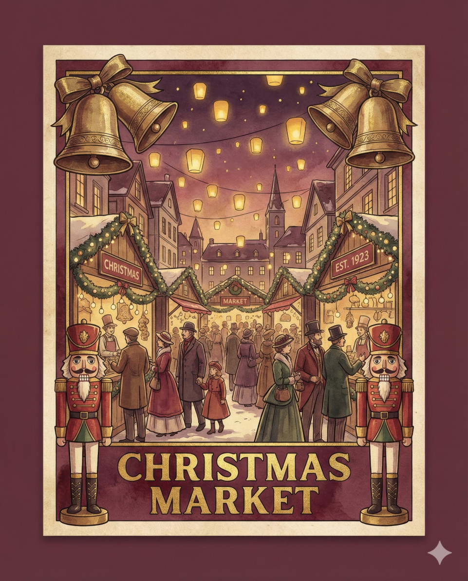 Vintage christmas market with bells and nutcracker decorations google gemini prompt