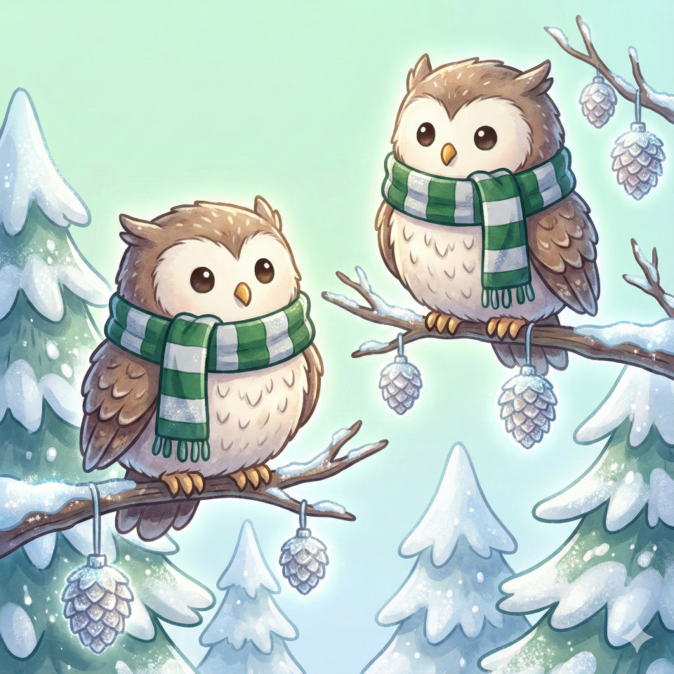 Whimsical woodland owls with scarves in snowy christmas glade google gemini prompt