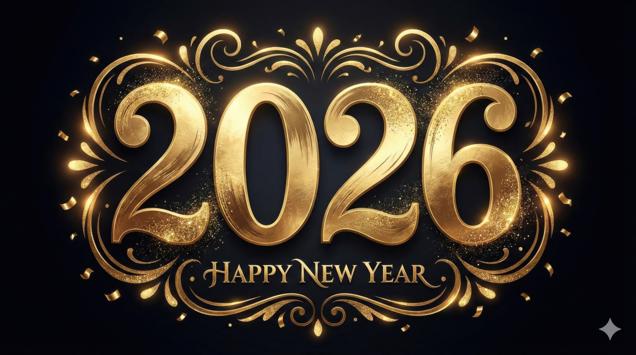 Metallic gold foil 2026 numbers with glitter for new year poster google gemini prompt