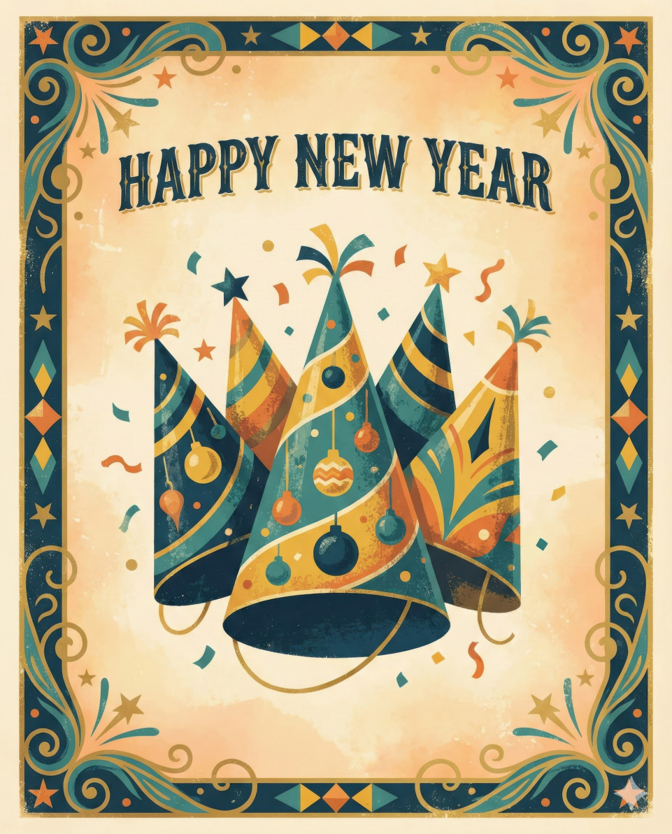 Retro party hats with decorative ornaments for new year celebration google gemini prompt