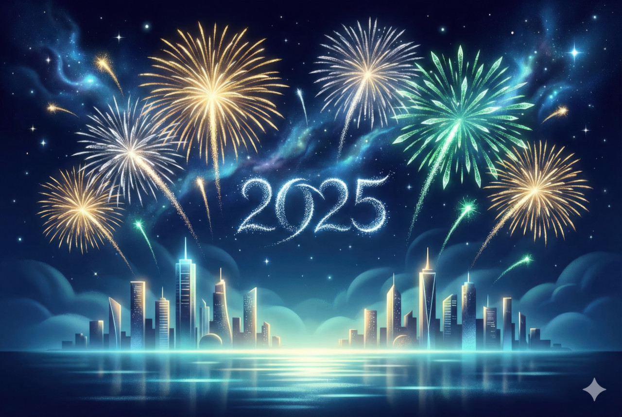 Airbrush fireworks with glowing particles for new year wallpaper google gemini prompt