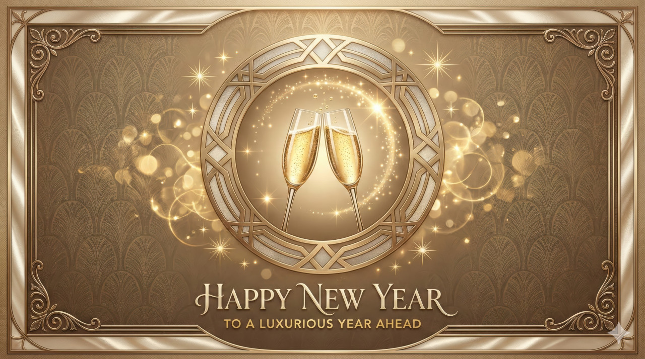 Elegant champagne glasses with light flares in new year banner google gemini prompt