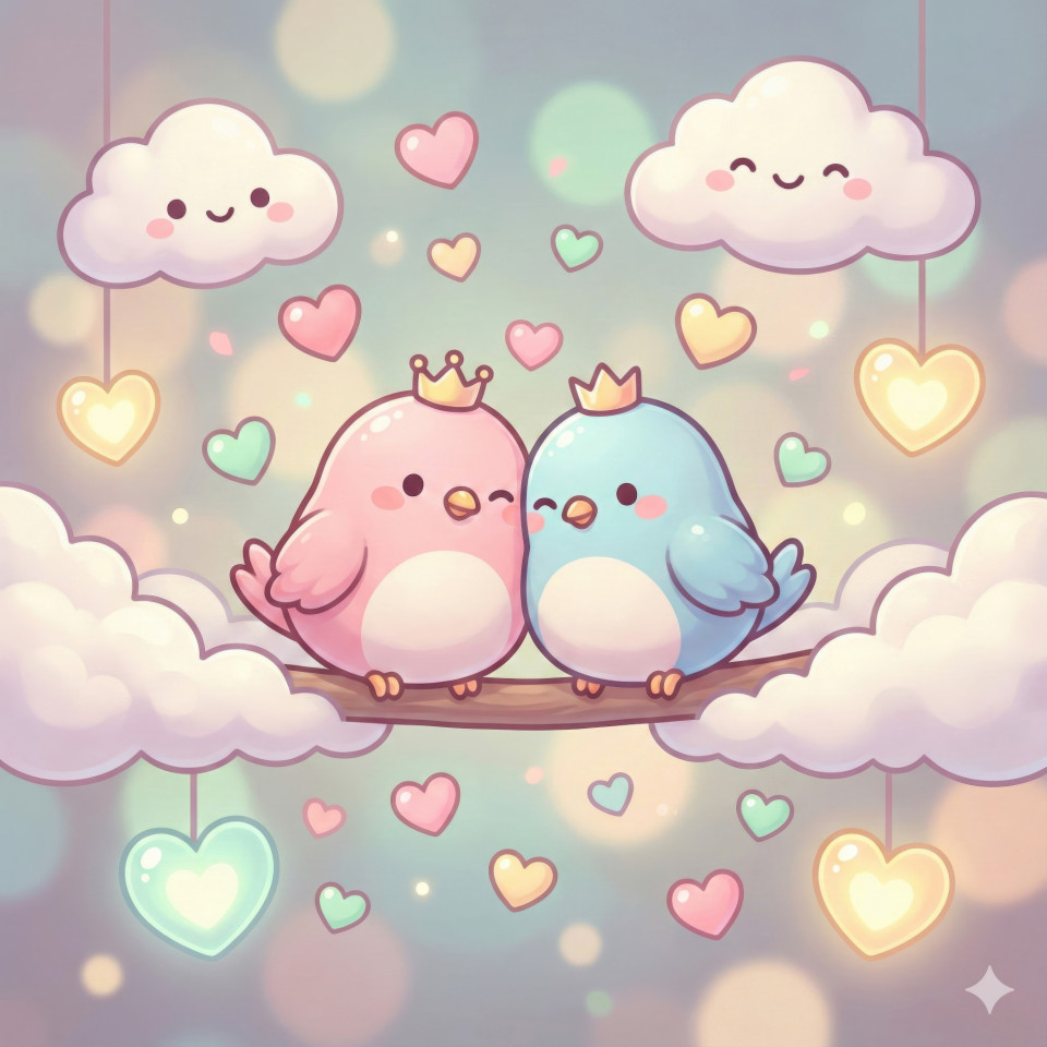 Kawaii love birds with hearts and clouds for valentine’s day google gemini prompt