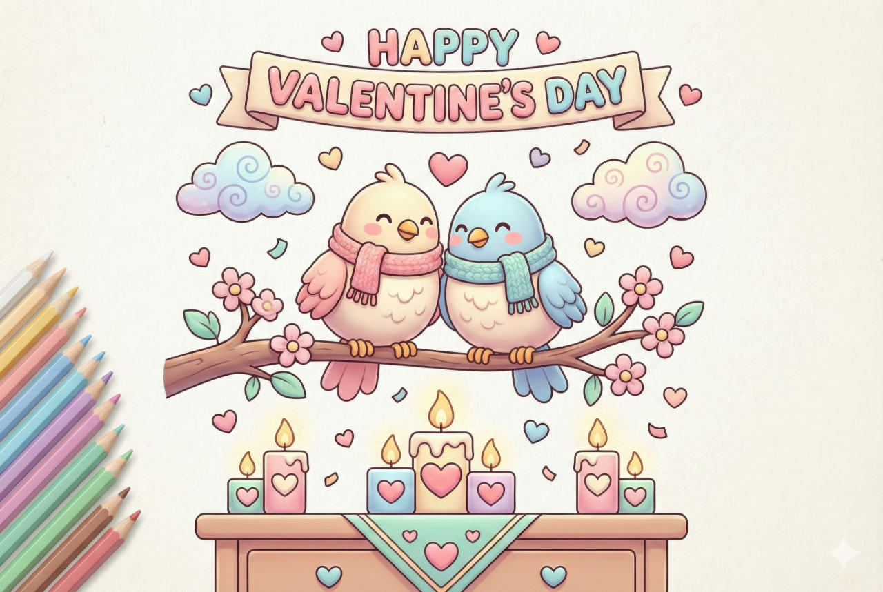 3d cartoon love birds with hearts and clouds for valentine’s coloring page google gemini prompt