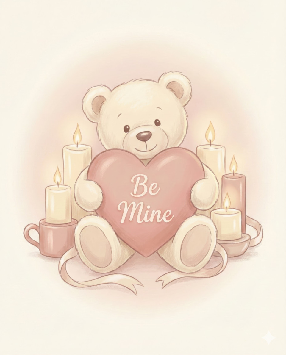 Soft pastel teddy bear with heart and candles for valentine’s day google gemini prompt