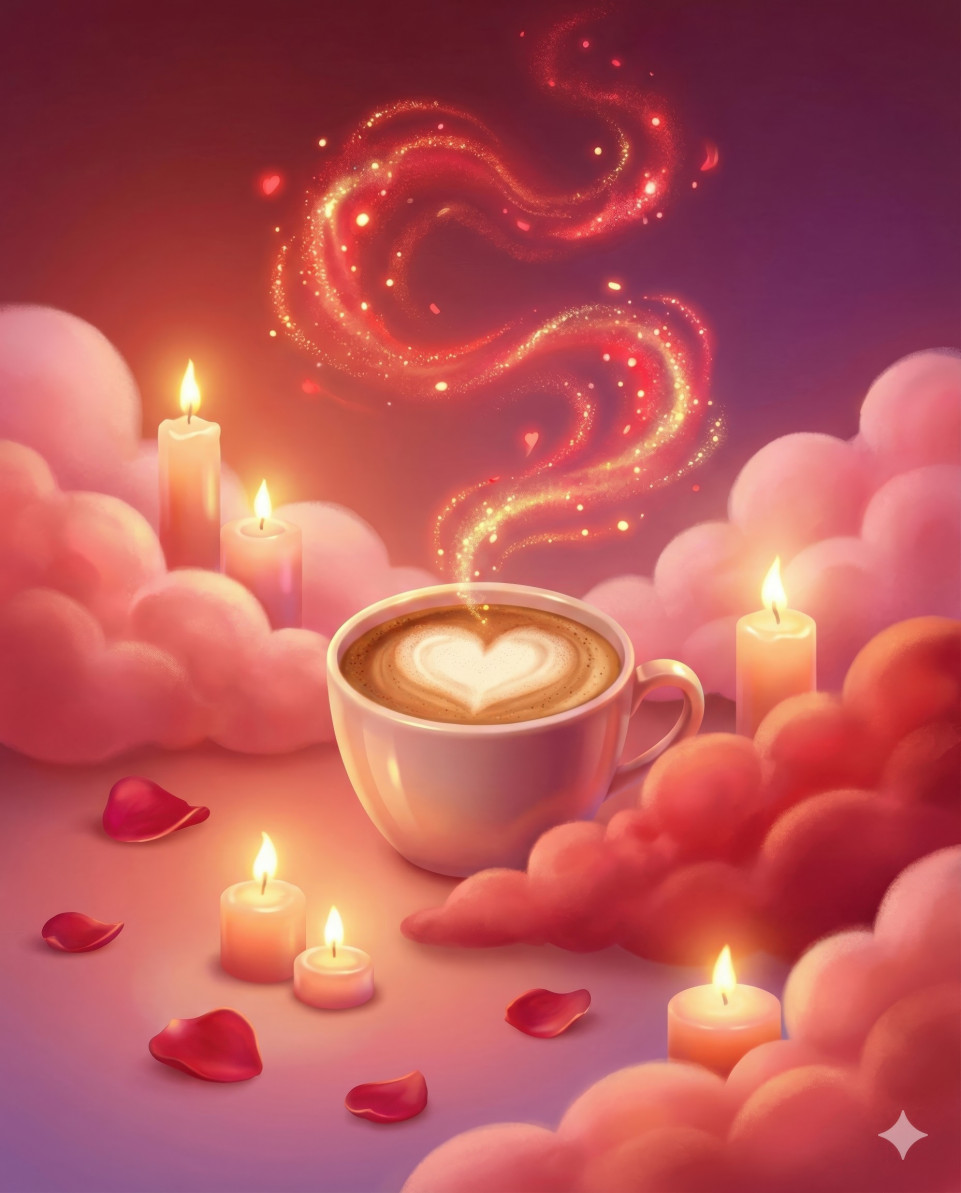 Romantic glow coffee cup with heart foam for valentine’s scene google gemini prompt