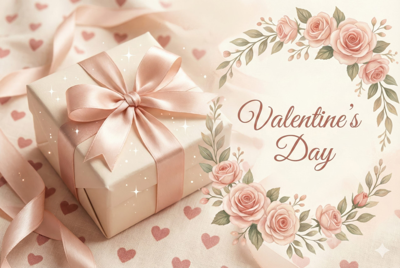 Soft pastel gift box with ribbon and sparkles for valentine’s image google gemini prompt