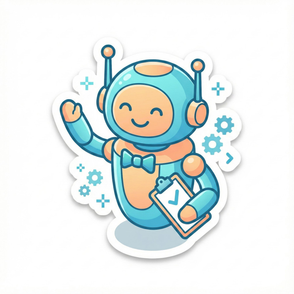 Friendly robot assistant waving with clipboard in sticker style google gemini prompt