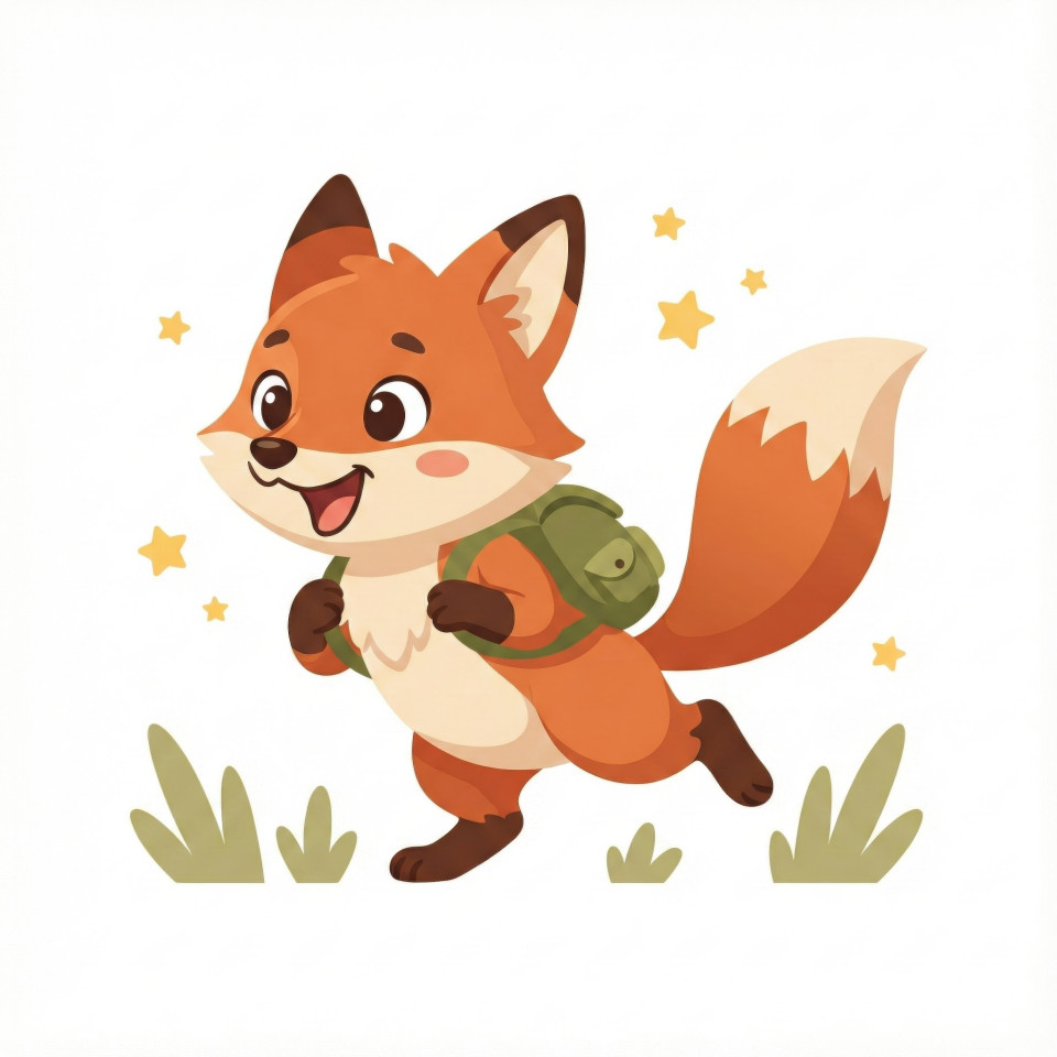 Cute little fox running with backpack in flat vector style google gemini prompt