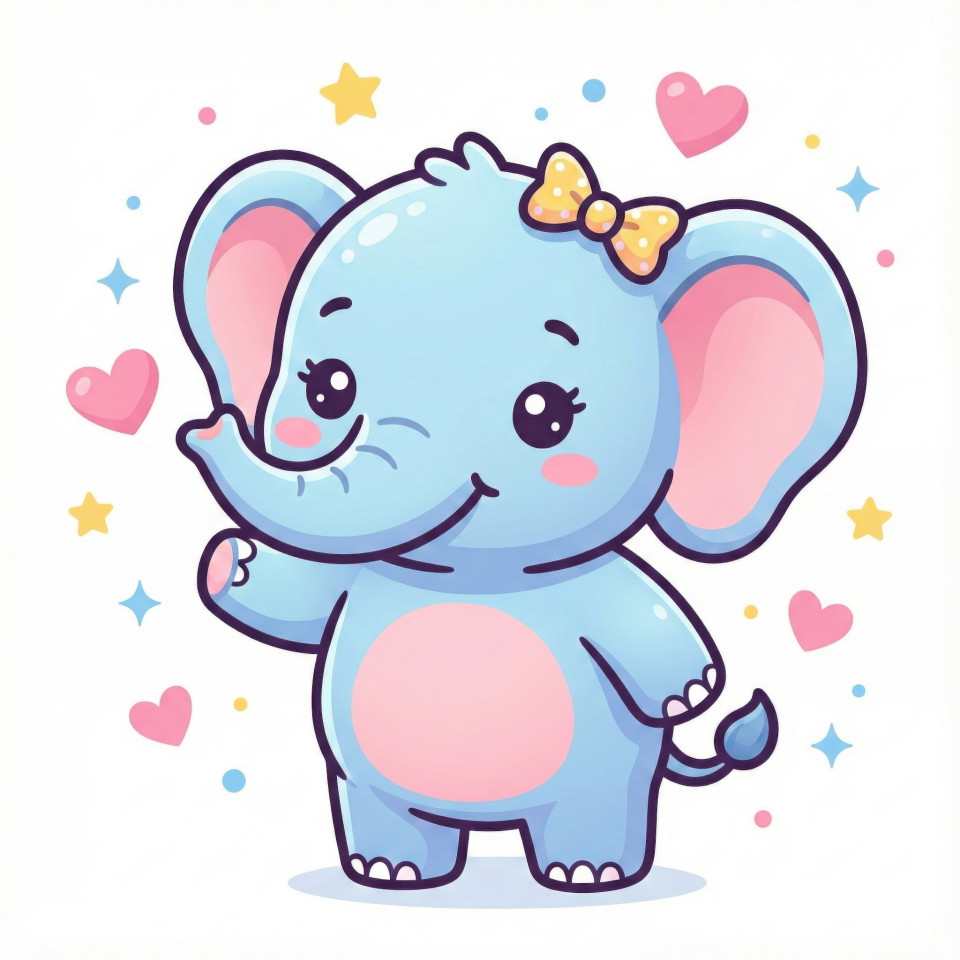 Kawaii baby elephant waving with bow surrounded by hearts google gemini prompt