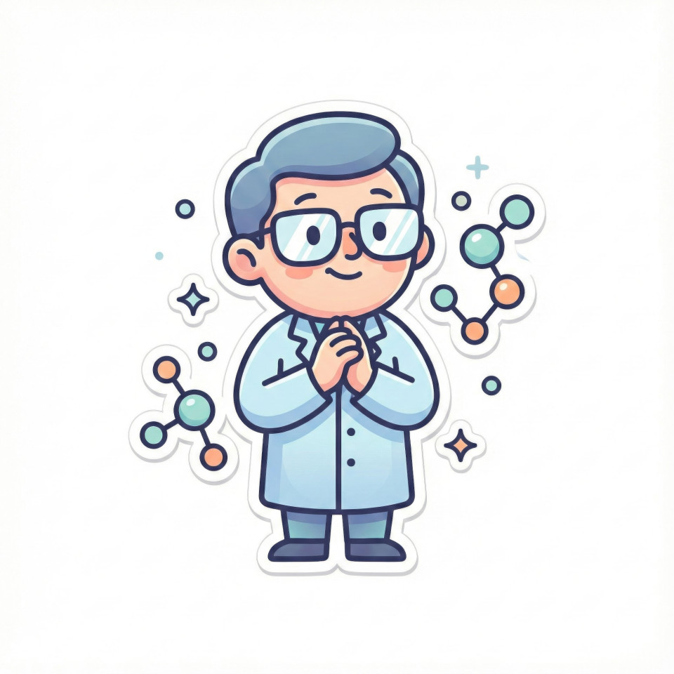Curious scientist standing with lab coat and glasses in sticker style google gemini prompt